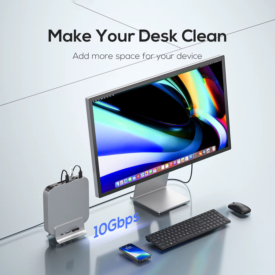 PULWTOP 5-in-1 USB-C Hub für Mac Mini M1/M2 in Silber mit M.2 NVMe SSD-Erweiterung, 2x USB-C 3.2 10Gbps sowie SD/TF-Kartenslots - Bild 3