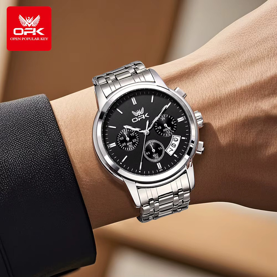 OPK Armbanduhr Chronograph, Quarz, Leder, Schwarz, Herren - Bild 4