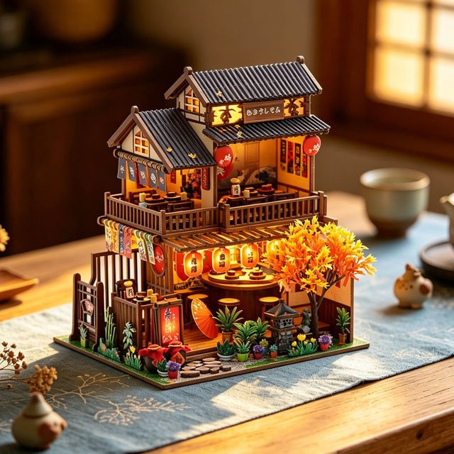 Zuuton Japanisches Sushi Restaurant, Miniatur Puppenhaus, 3D Holzpuzzle Modellbausatz, mit LED Licht, ab 14 Jahren - Bild 1