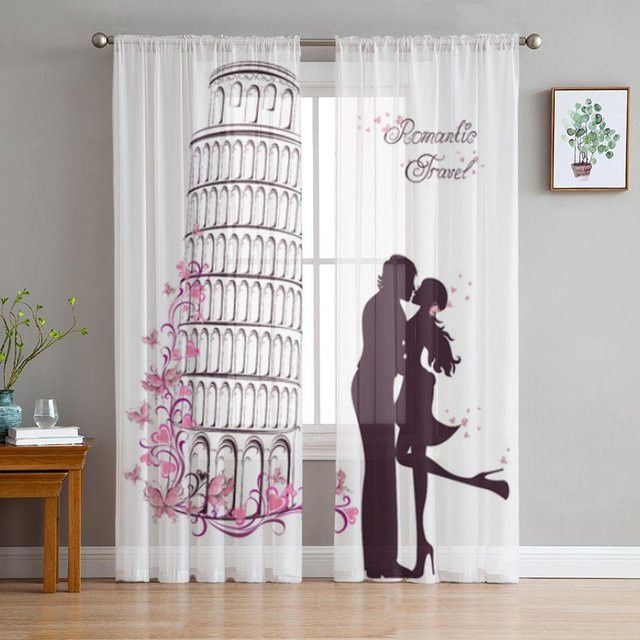 Yiran Furniture Chiffon Vorhang Paris Motiv mit Eiffelturm und roten Lippen, transparent, Breite: 50 cm, Höhe: 130 cm, 2er-Set inklusive Haken - Bild 1