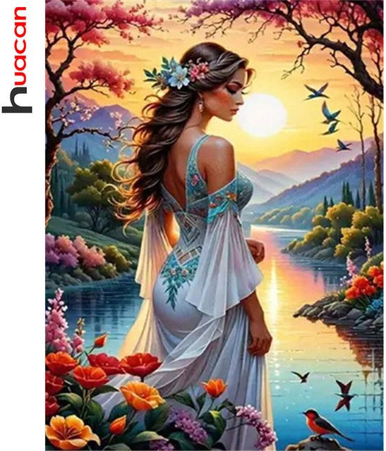 Huacan Diamantgemälde Beauty Girl Setting Sun 2025 mit Blumen und Wildgans als Diamantmosaik-Set in Multicolour - Bild 1