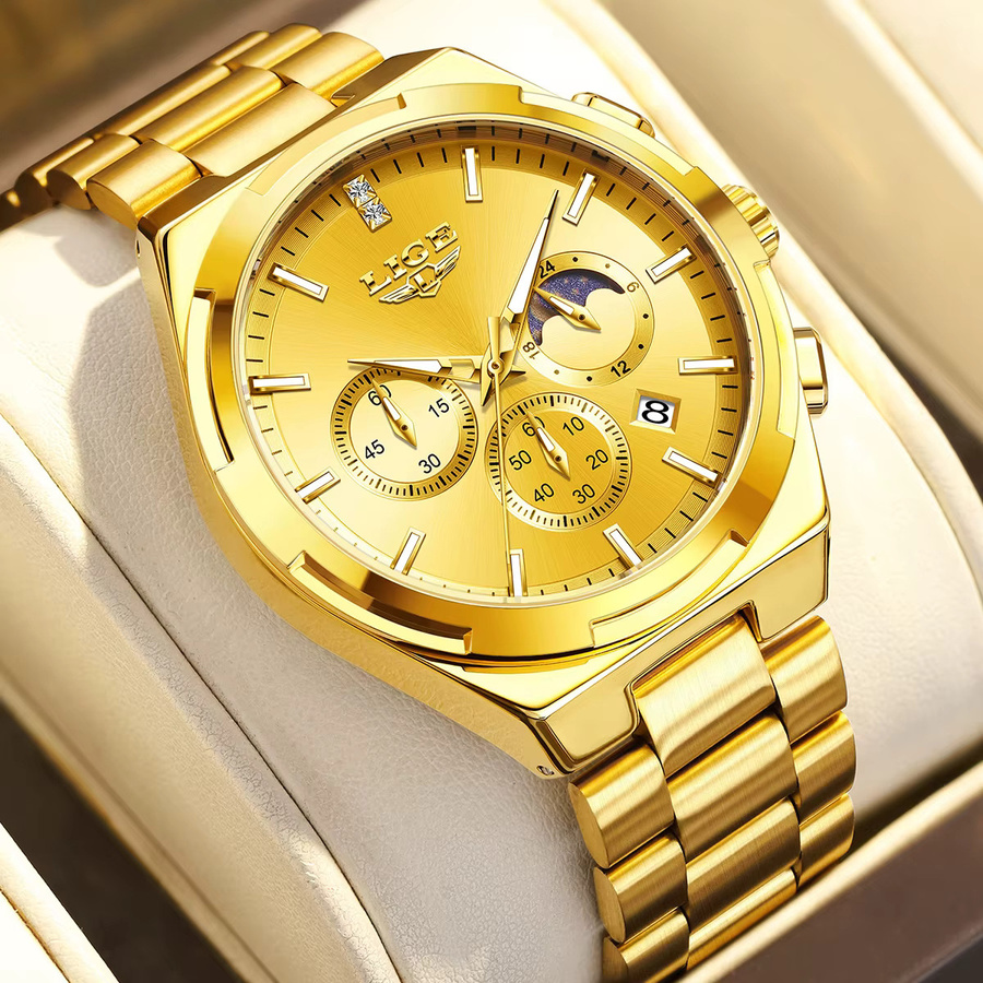 LIGE Armbanduhr Quarz, Edelstahl, Gold, Datum, Mondphase, Herren - Bild 5