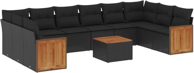 vidaXL 11-teilige Garten-Sofagarnitur in L-Form aus Poly-Rattan und Akazienholz mit Kissen in Schwarz - Bild 1