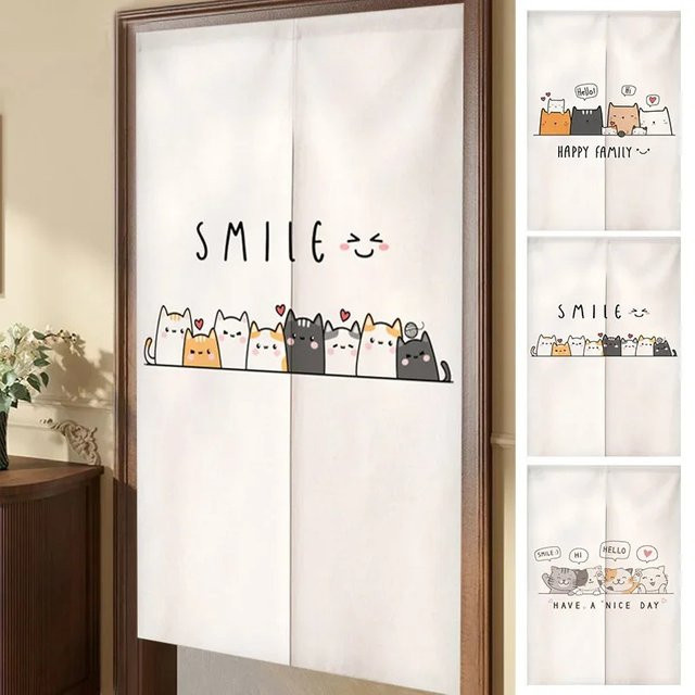 VIKAMA Japanischer Vorhang mit Katzenmotiv als warmer Cartoon-Türvorhang für Eingangsbereiche und Schlafzimmer-Trennwände, Breite: 90 cm, Höhe: 65 cm - Bild 1