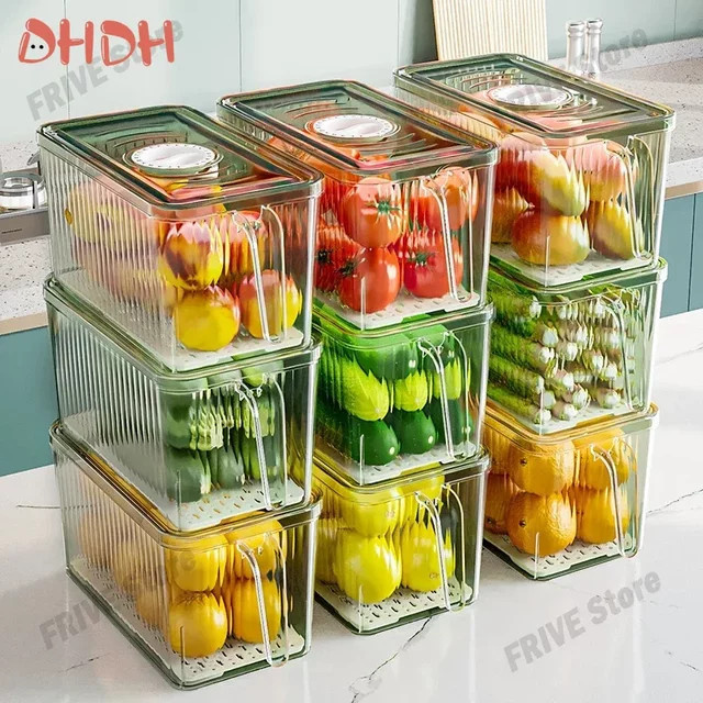 DHDH Transparente Kühlschrank-Organizer-Aufbewahrungsboxen aus Kunststoff mit Deckel, stapelbare Lebensmittel-Aufbewahrungsboxen für Obst und Gemüse, Grün - Bild 1