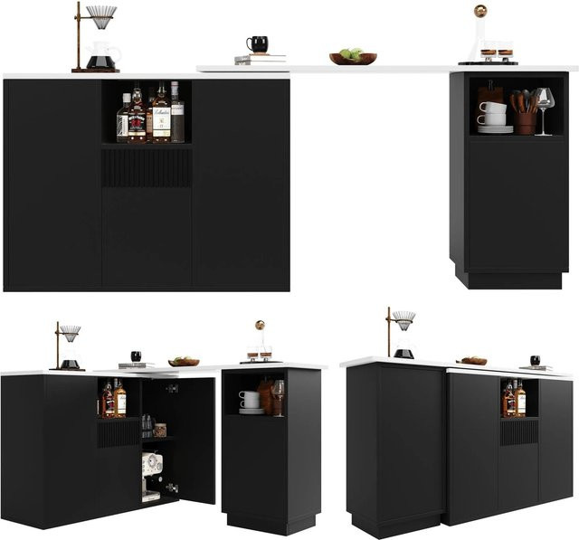 okwish Bartisch mit drehbarer Marmor-Arbeitsplatte und offenem Stauraum, Schwarz, B: 210 cm, T: 30 cm, H: 100,9 cm - Bild 1