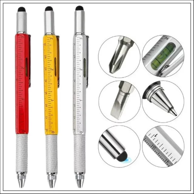 7-in-1 Multifunktions-Kugelschreiber aus Metall mit Lineal, Stylus, Schraubendreher und Wasserwaage in Schwarz und Multicolour - Bild 1