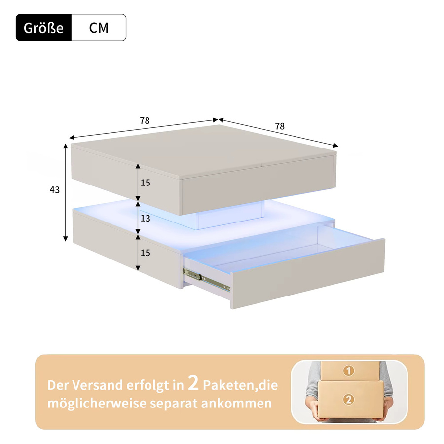 Anajqaqia Ausziehbarer LED-Couchtisch mit 2 Schubladen in Weiss, Hochglanz-Sofatisch für Wohnzimmer und Schlafzimmer, B/T/H: 78 x 78 x 43 cm - Bild 2