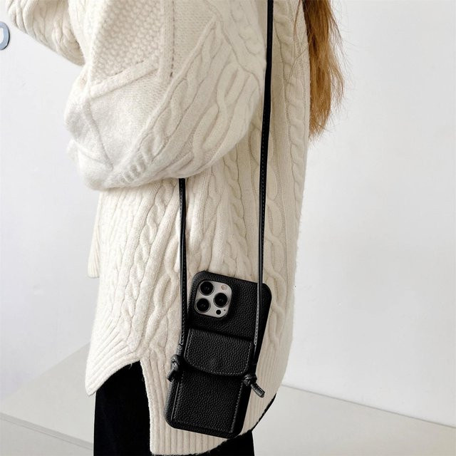Crossbody Lanyard Handyhülle aus Leder mit Kartenhalter und Geldbörse für Apple iPhone 16 15 14 13 12 11 Pro Max Mini XR XS 7 8 Plus in Schwarz - Bild 1