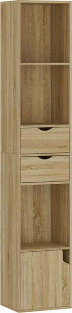 Aosom HOMCOM Regal mit 6 Fächern in Eiche, schmales hohes Standregal mit Schublade und Tür für Wohnzimmer, Büro oder Schlafzimmer, B/T/H: 30 x 24 x 158 cm - Bild 1