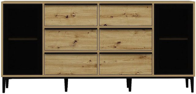 Vente-unique Sideboard Molinia in Schwarz und Naturfarben Hell aus Holz und Sicherheitsglas mit einer Breite von 180 cm - Bild 1