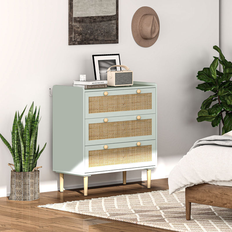 HOMCOM Kommode Beistellschrank mit 3 Schubladen im Boho-Stil mit Rattanoptik, Hellblau, B/T/H: 80 x 40 x 87,5 cm - Bild 2