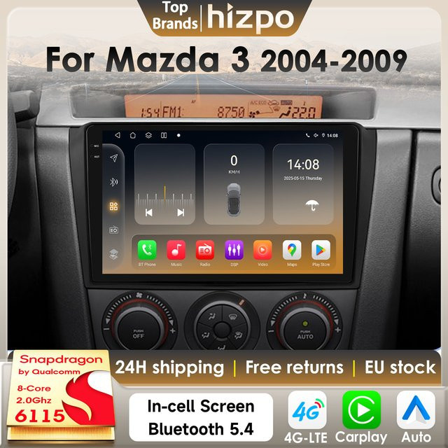 Hizpo Autoradio für Mazda 3 2004-2009 mit 8GB RAM, 128GB Speicher, Snapdragon 6115, GPS, 4G, kabellosem CarPlay und Android Auto in Schwarz - Bild 1