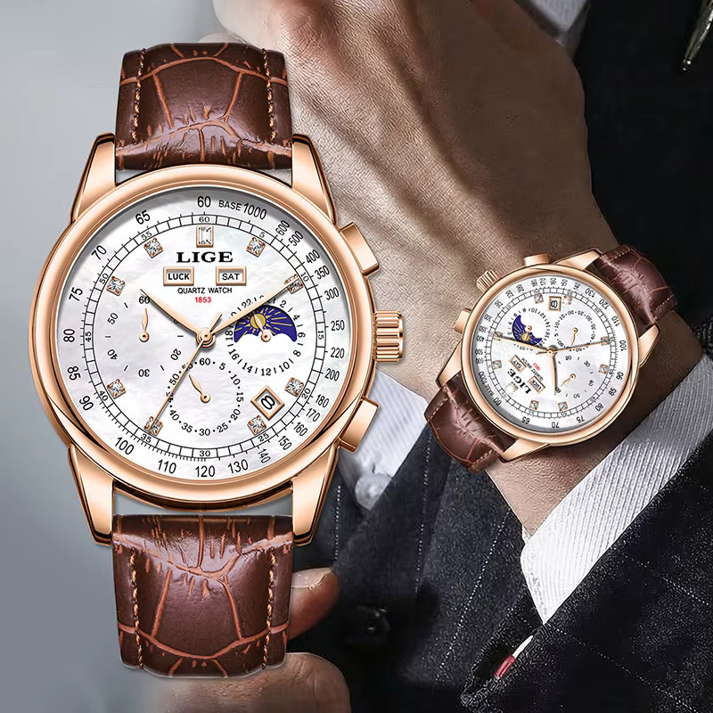 LIGE Chronograph Armbanduhr, Quarz, Leder, Herren - Bild 6