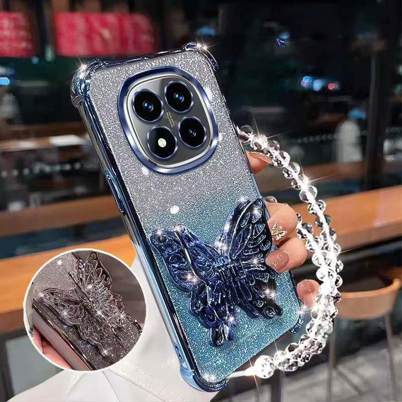 Stoßfeste Glitzer-Plating Handyhülle mit Schmetterlings-Design und Armband für Xiaomi Redmi 15, 15C, Note 15, Note 14 Pro Plus und Note 14C in Schwarz - Bild 1