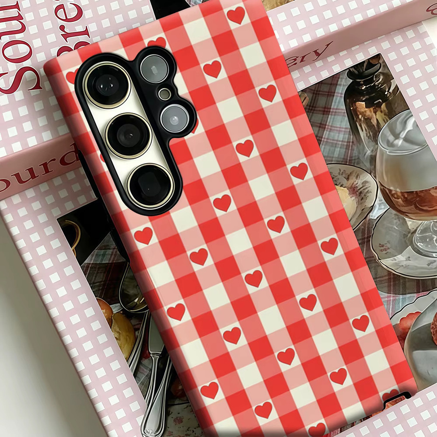 Stoßfeste Doppelschicht Handyhülle mit Rot & Creme Gingham Herz Design für Samsung Galaxy S25 Ultra, S24 und S23 Ultra Plus - Bild 3