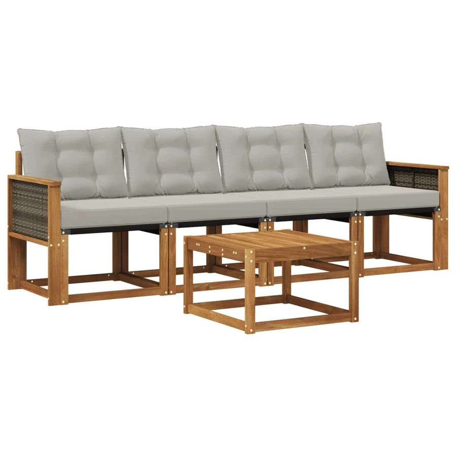 vidaXL Outdoor-Sofagarnitur aus Akazienholz mit Textilene und Kissen in Grau und Natur - Bild 2