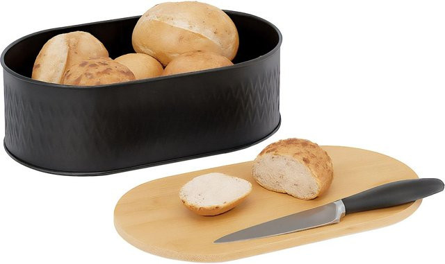 Relaxdays Brotkasten aus Eisen und Bambus mit Schneidebrett, Schwarz, B/T/H: 33,5 x 18 x 12 cm - Bild 1