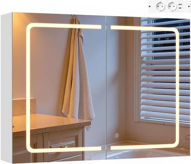 EUGAD Spiegelschrank für das Badezimmer in Weiß mit LED-Beleuchtung, Glasfront und verstellbaren Einlegeböden, B/T/H: 70,0 x 14,5 x 76,0 cm - Bild 1