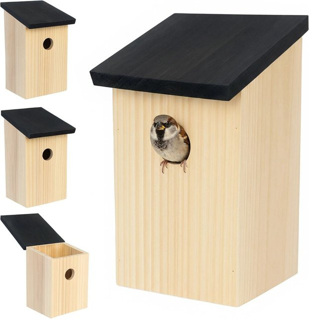 Relaxdays Nistkasten aus Tannenholz mit Klappdach in Schwarz, 4er Set, B: 22 cm, T: 12 cm, H: 14 cm - Bild 1