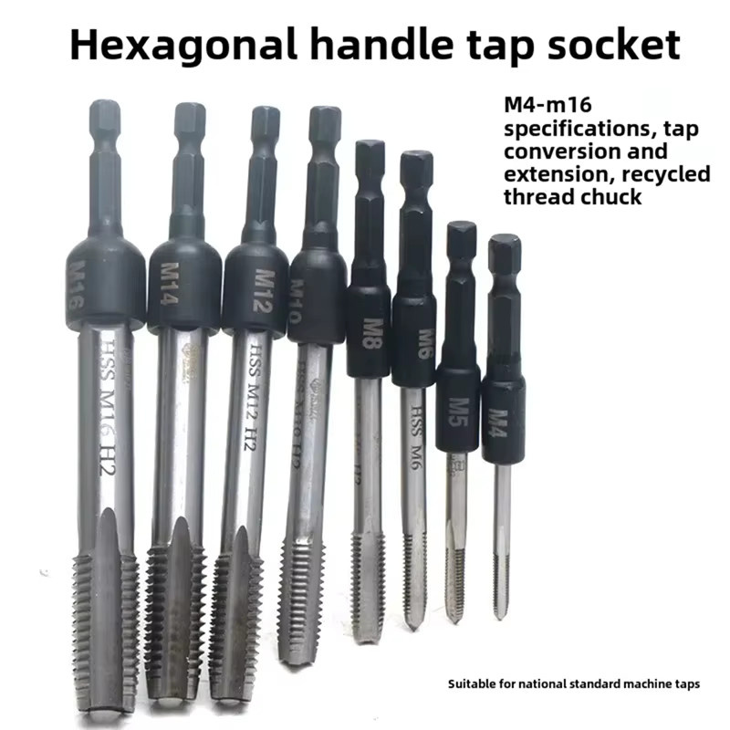 FGHGF 8er Set Gewindebohrer Adapter Set mit 1/4 Zoll Sechskant Schaft für elektrische Bohrer, M4-M16, Schwarz - Bild 4