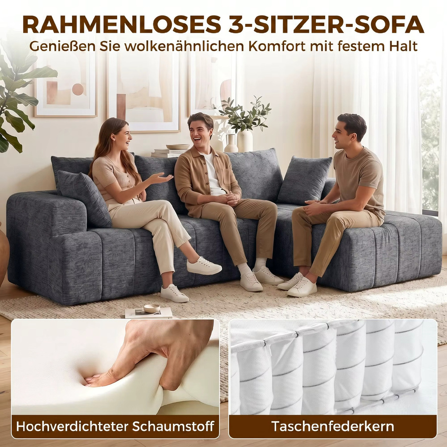 HOMCOM Ecksofa L-Form in Grau mit Schlaffunktion und Kissen, modularer 3-Sitzer in Chenille-Optik, Breite: 256 cm - Bild 4
