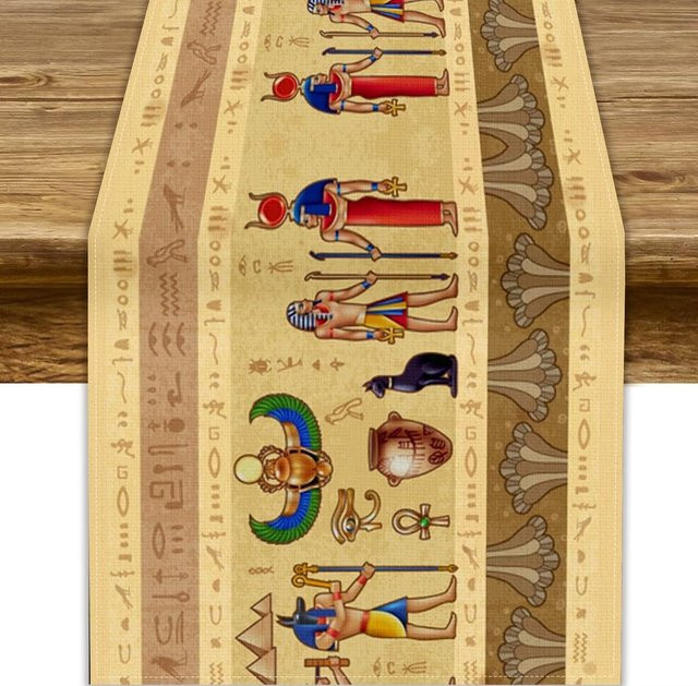Beau Maison Tischläufer aus Leinen in Beige mit antikem ägyptischem Hieroglyphen-Design, Breite: 33 cm, Länge: 150 cm - Bild 1