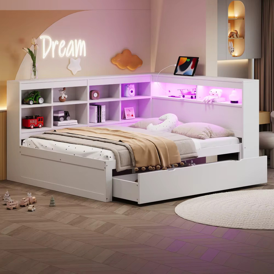 Modernes Massivholz-Doppelbett in Weiß mit USB-Ladeport, LED-Lichtleiste und Ablagefächern, B/T: 200 x 140 cm - Bild 2