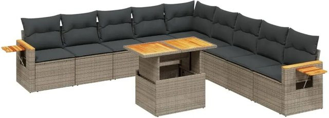 vidaXL 11-teilige Garten-Sofagarnitur in L-Form aus Polyrattan und Akazienholz mit grauen Kissen - Bild 1
