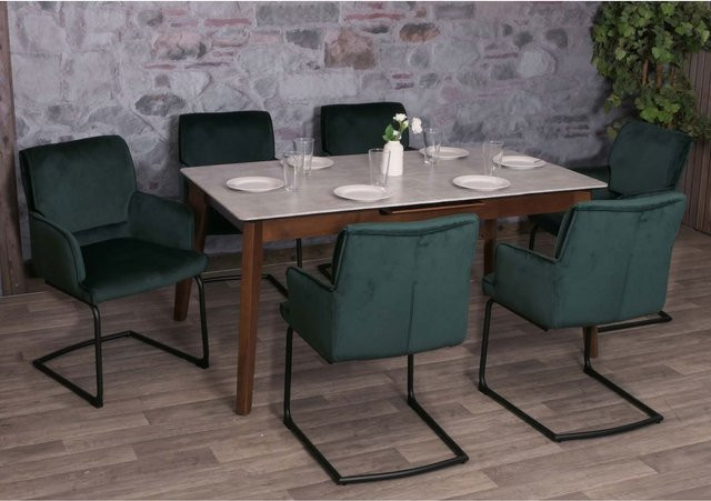 6er-Set Freischwinger MCW-N60 Esszimmerstühle mit Armlehnen aus grünem Textilstoff nach Öko-Tex Standard - Bild 1