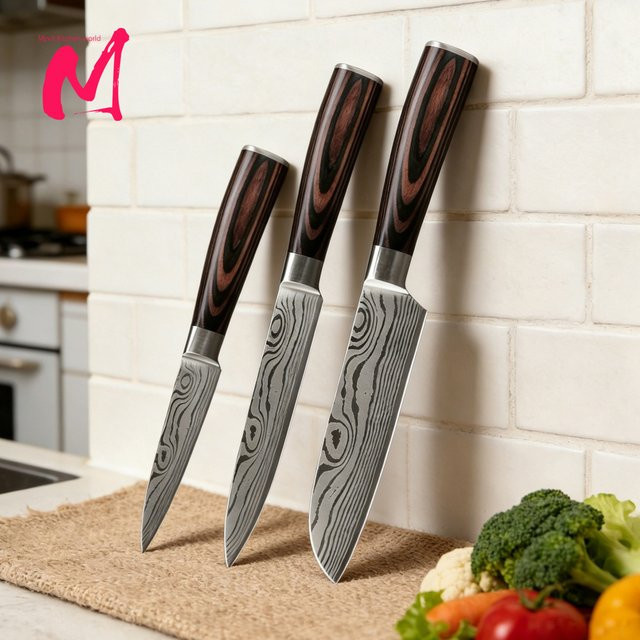 3-teiliges MYVIT Küchenmesser-Set aus Laser-Damaszener Edelstahl 7CR17 440C mit Santoku, Chefmesser und Hackmesser - Bild 1