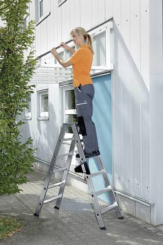 MUNK Günzburger Steigtechnik Aluminium Stufen-Stehleiter beidseitig begehbar mit 2 x 14 Stufen, Farbe: Silber, maximale Arbeitshöhe: 5 m - Bild 1