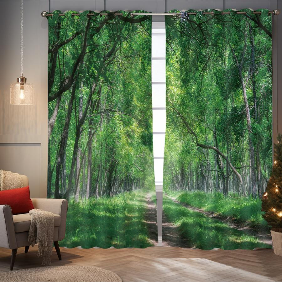 2er-Set Vorhänge mit grünem Waldbaum-Muster in Naturlandschafts-Optik, semi-transparent, mit Ösen, B: 140 cm, H: 160 cm - Bild 2