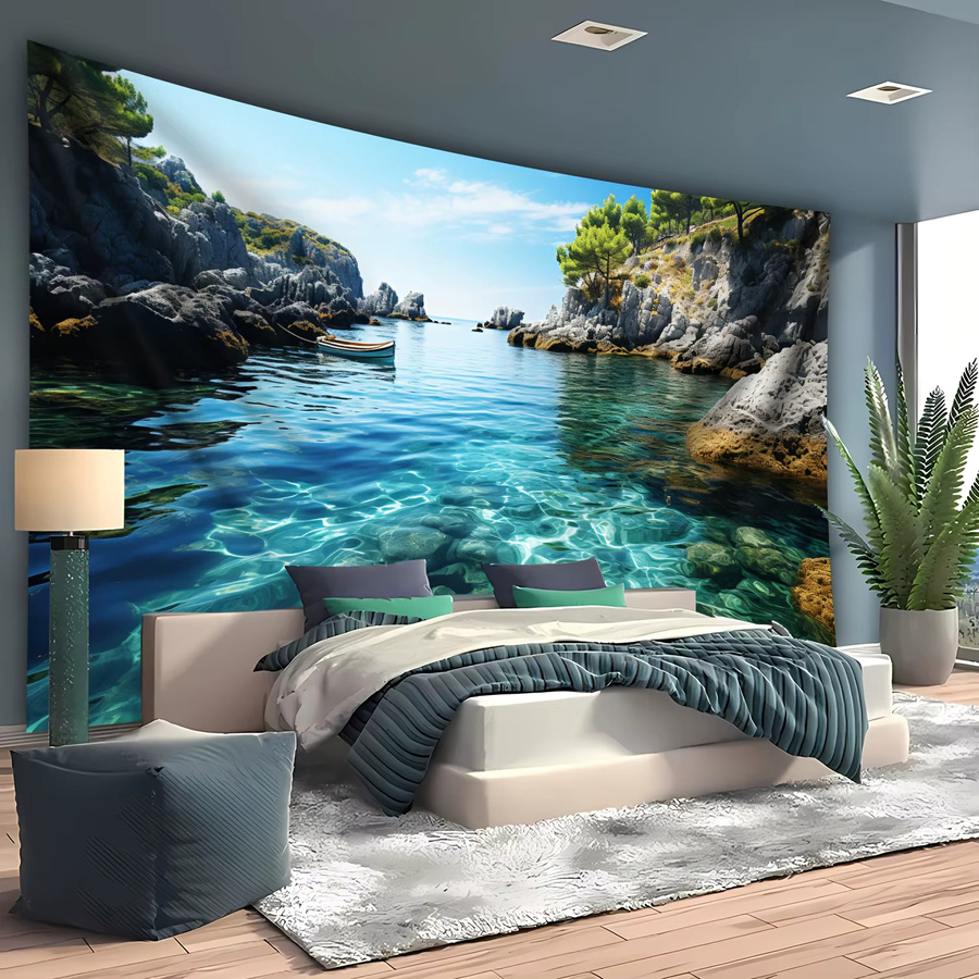 VIKAMA Wandteppich mit Meeres-, Berg- und Himmelslandschaft in Blau, moderner Fotohintergrund aus Polyester für Wohnzimmer und Schlafzimmer, B/H: 60 x 40 cm - Bild 2