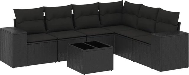 vidaXL 7-tlg Garten-Sofagarnitur in L-Form aus schwarzem Poly-Rattan mit Kissen und pulverbeschichtetem Stahlgestell - Bild 1