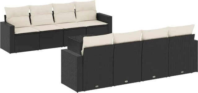 vidaXL 9-teilige Garten-Sofagarnitur in L-Form aus Poly-Rattan mit Kissen in Schwarz-Creme - Bild 1