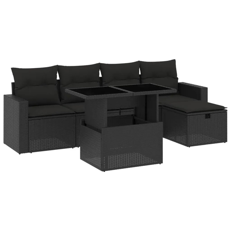 vidaXL 6-teilige Garten-Sofagarnitur in L-Form aus schwarzem PE-Rattan mit Polsterkissen und pulverbeschichtetem Stahlgestell - Bild 2