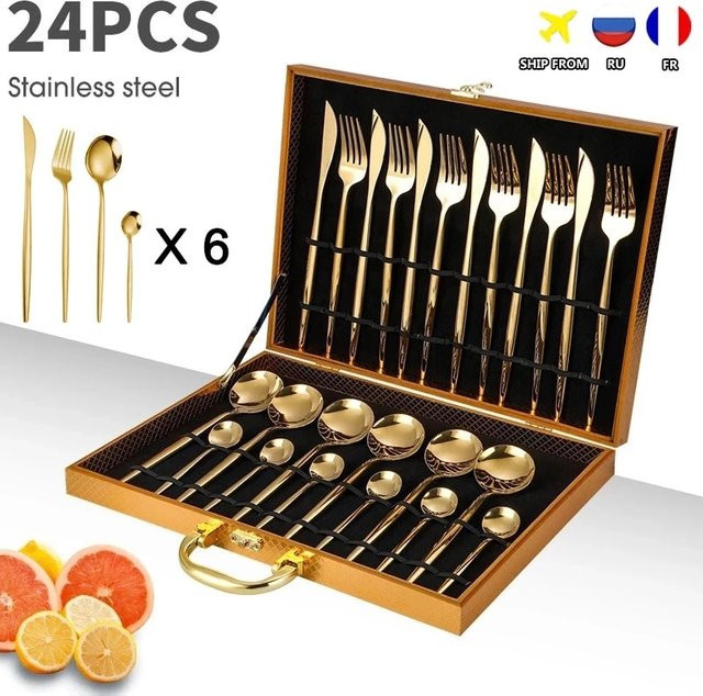 KEMORELA Besteckset aus Edelstahl mit 24-teiligem Messer, Gabel und Löffel in Gold und Silber inklusive Aufbewahrungsbox, spülmaschinenfest - Bild 1