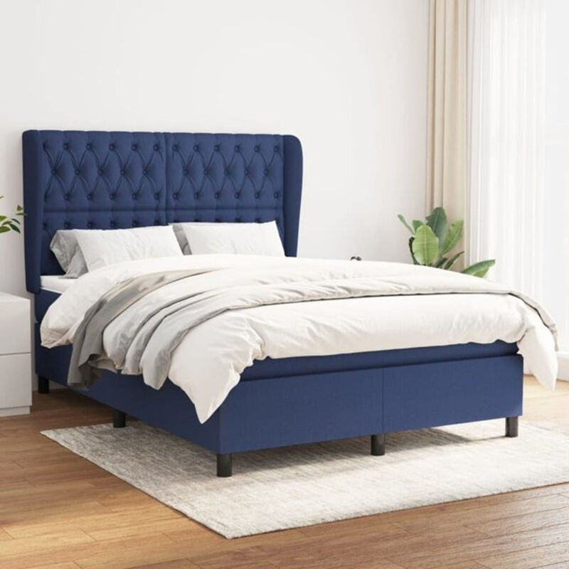 vidaxl Boxspringbett mit Matratze in Blau und Weiß aus Stoff, B/T: 140 x 190 cm - Bild 1