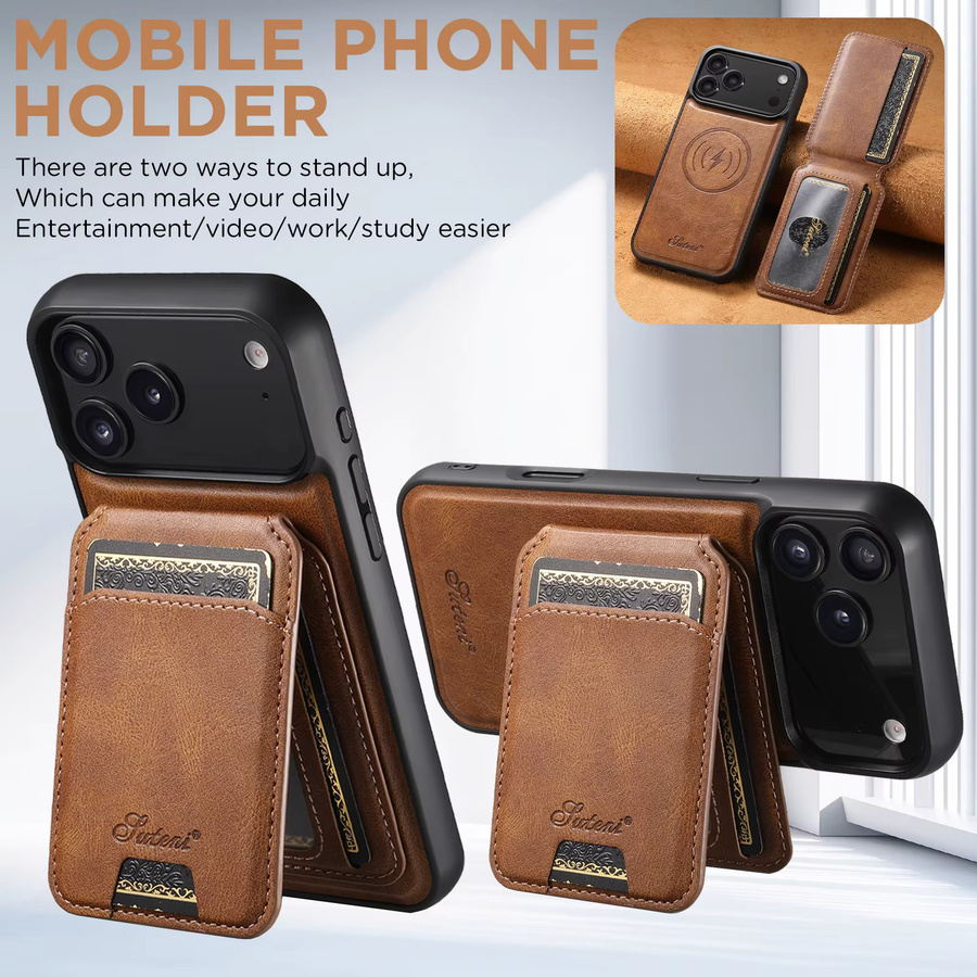 SUTENI Handyhülle aus Kunstleder mit kabellosem Laden, Magnet-Kartenhalter und Ständer für iPhone 17 Pro Max, 16 Plus, 15, 14, 13 in Schwarz und Braun - Bild 4