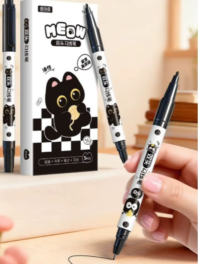 TWBEB 5 Stück Doppelspitzen-Zeichenstifte mit feiner Linie im schwarzen Katzen-Design, wasserfeste Manga-Marker für Kunststudenten, Farbe: Schwarz - Bild 6