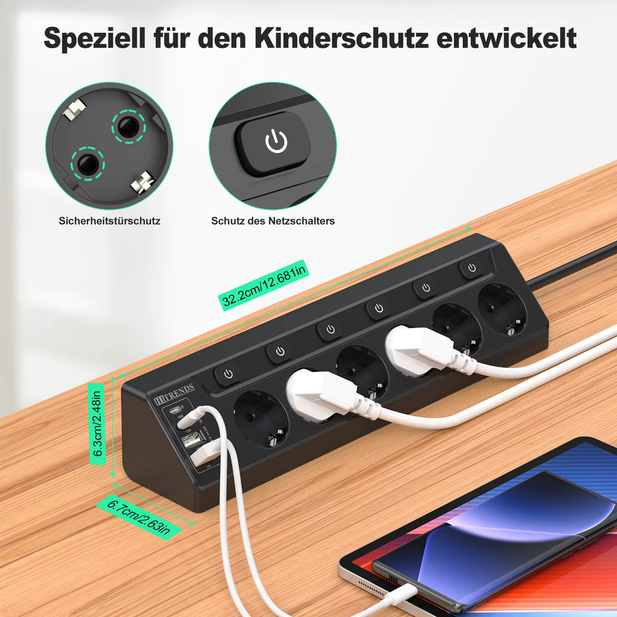 HITRENDS 6-Wege-Eck-Steckdosenleiste in Schwarz mit 2 USB-C Anschlüssen und 2 m Kabel - Bild 3