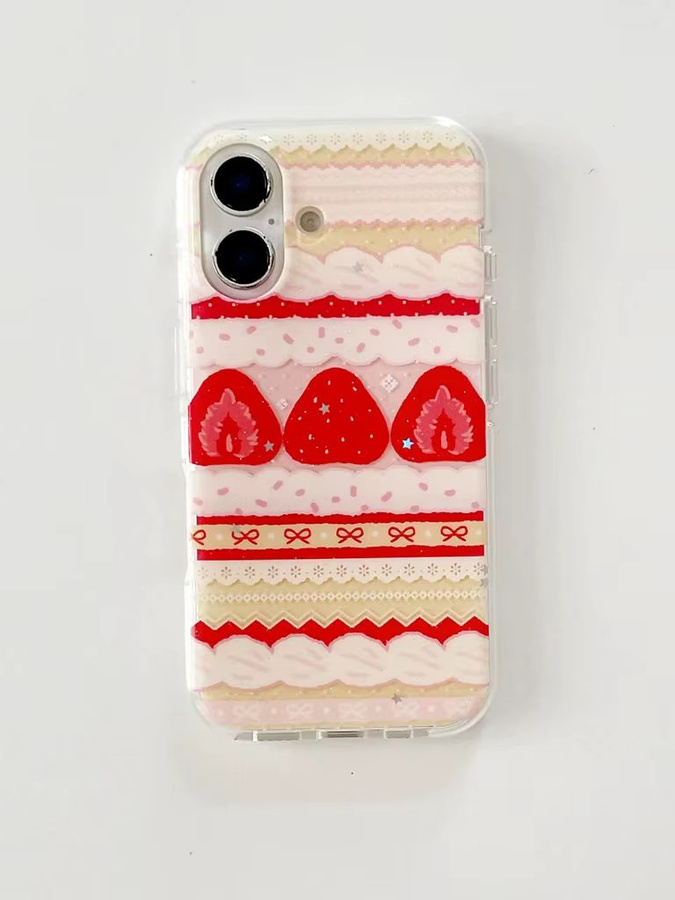 Schutzhülle für Apple iPhone 17, 16, 15, 14 Pro Max mit Erdbeerkuchen-Design, Spitze und Schleife in Cremeweiß und Pink - Bild 2