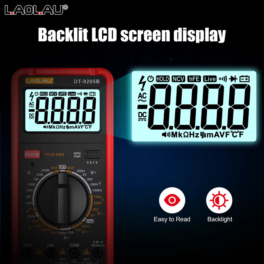 LAOLAU Professionelles Digitalmultimeter DT-9205B mit 2000 Zählungen, manueller Bereich, AC/DC-Spannung bis 1000 V, 10 A und NCV-Funktion - Bild 2
