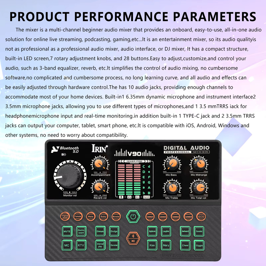 IRIN V90 Soundkarte in Schwarz mit Stimmverzerrer und 3-Band-EQ-Reverb für Live-Streaming, Karaoke und Aufnahmen mit Mikrofon, kompatibel mit PC, Mac, iOS und Android - Bild 3