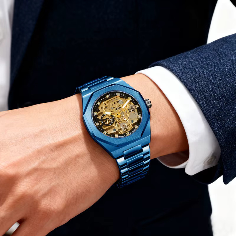 MEIRUIQI Armbanduhr Automatik, Edelstahl, Blau, Eckig, Herren - Bild 5