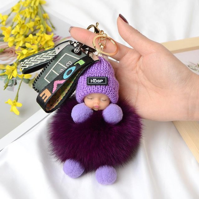 Schlüsselanhänger Pompom Schlafender Baby, Plüschpuppe, grau, Damen - Bild 1
