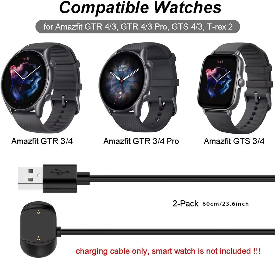 Amazfit Uhrenarmband, 2er-Pack, Ersatz-Ladekabel, Schwarz, Unisex - Bild 3