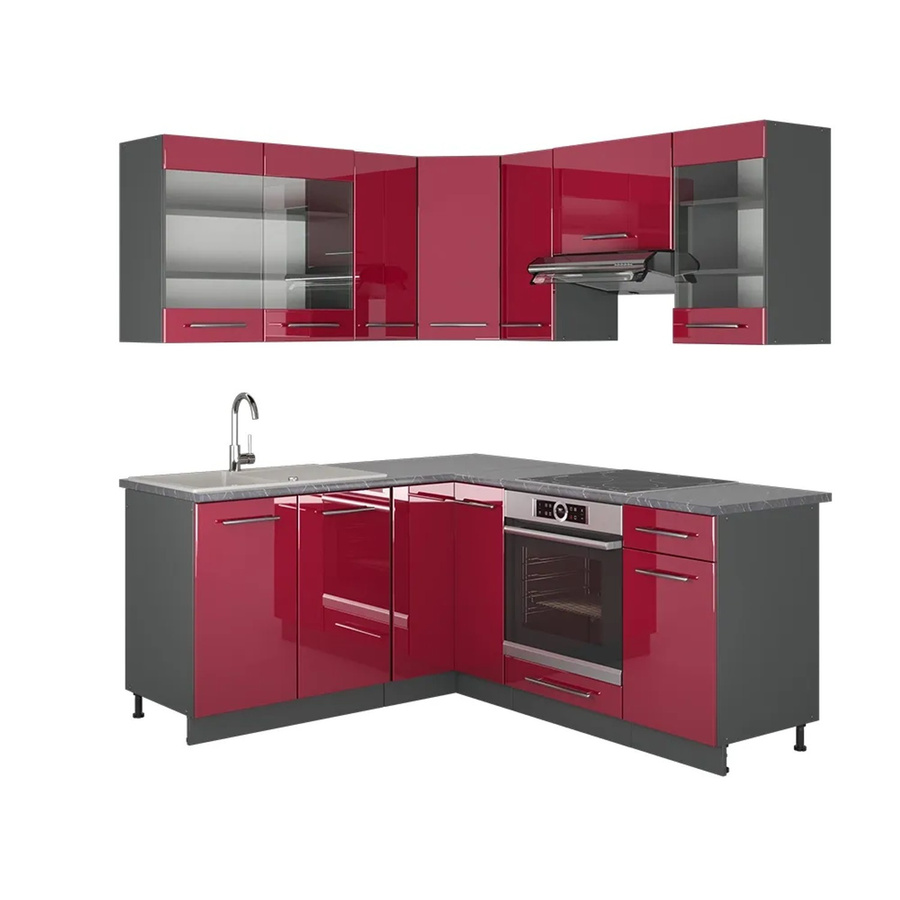 Vicco Fame-Line Eckküche in Bordeaux Hochglanz und Anthrazit, moderne Einbauküche mit Soft-Close-Türen, Breite: 160 cm, Tiefe: 190 cm - Bild 2