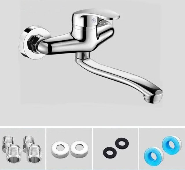 Binchi Wandmontierter Einhebel-Waschbeckenhahn mit schwenkbarem Auslauf in Chrom-Finish Silber - Bild 1